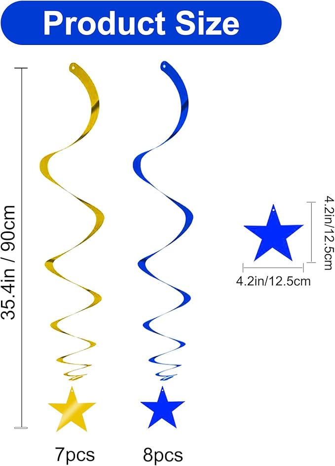 BEISHIDA Blue Gold Stars Hanging Swirls Graduation Hanging Ornament Decorations for Birthday Party Baby Shower Congrats Grade 2026 Graduation Decorations,Pack of 15