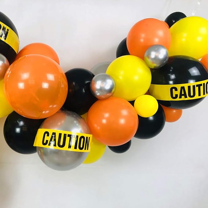 Quarantine Balloon Garland & Arch Kit, 74 Pack 12Inch 5Inch Black, Orange, Yellow, Silver Latex Balloons Strip Set with Caution Tape for Quarantine Birthday Party Decorations Construction