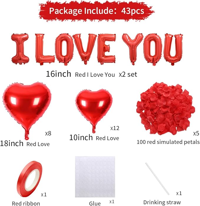 2 set 16 inch I Love You Balloons and Heart Balloons with 500 Pieces Rose Petals, Red I Love You Letter Balloon for Him/Her Valentines Day Decorations Wedding Anniversary Engagement