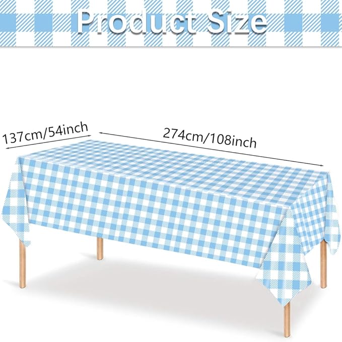 3 Pcs Light Blue Checkered Tablecloth 54 ×108 Inches Rectangle Blue Gingham Tablecloth Disposable Plastic Waterproof Table Cover for Outdoor Picnic, Kitchen, Holiday Birthday Party