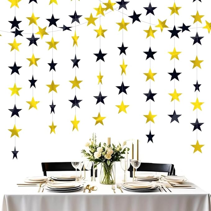 Black Gold Shining Star Hanging Garland Black Gold Hanging Sparkling Star Streamer Glitter Bunting Banner Twinkle Backdrop for Wedding Baby Shower Birthday Decorations 40 Feet