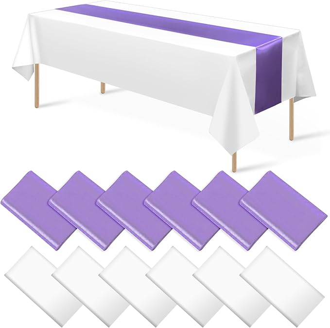 12Pack 12x108Inch Satin Table Runner and 54x108Inch Plastic Tablecloths White Light Purple Disposable Rectangle Table Cover for Graduation Wedding Bridal Shower Anniversary Birthday Party Decorations