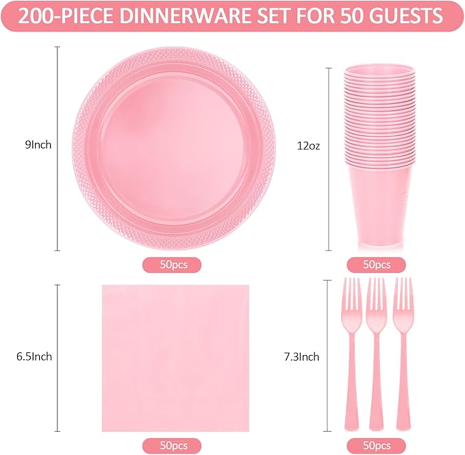 Pink Plastic Party Plates Set, Disposable Light Pink Plates and Napkins for Party, 50 of Each 9" Dinner Plate, Napkins, Cups & Cutlery Plastic Party Supplies for Birthday, Baby Shower, Wedding