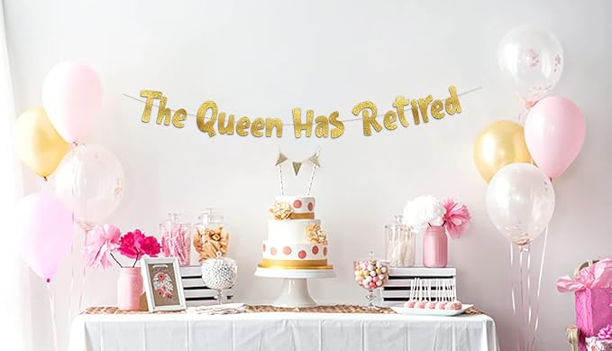 Pre-Strung The Queen Has Retired Gold Glitter Banner - Retirement Decorations for Men and Women - Retirement Party Supplies and Gifts
