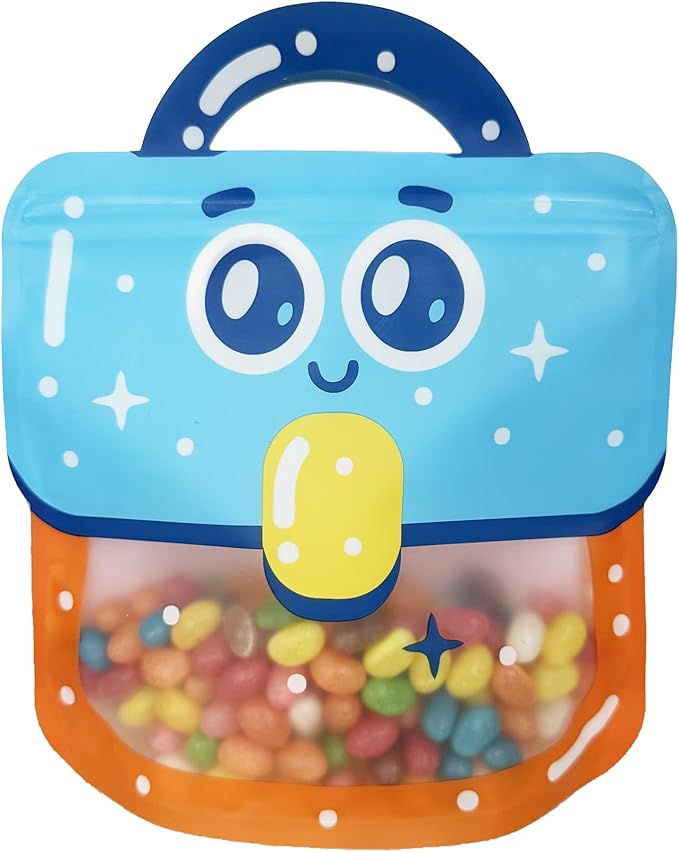 PABCK 30 Pack Plastic Gift Bags Cartoon Goodie Bags 7.09x8.27 inch Backpack-shaped Candy Packaging Bag with Handle Resealable Treats Birthday Party Favor Stand Up (10 Blue,10 Purple and 10 Orange)