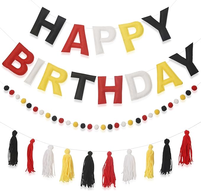 Pre-Strung Happy Birthday Banner Red and Black Party Decorations Felt Ball Garland Sign for Cartoon Mouse Birthday Party Décor