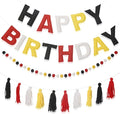 Pre-Strung Happy Birthday Banner Red and Black Party Decorations Felt Ball Garland Sign for Cartoon Mouse Birthday Party Décor