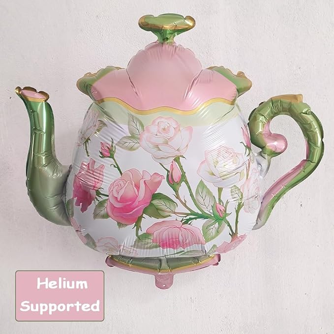 Teapot Mushroom Rose Balloons Checkered Poker Balloon Lets Par-Tea Garden Fairy High Tea Theme Foil Decor Onederland 1st First Birthday Girl Tea for Two Party Decorations Supplies for Little Girls