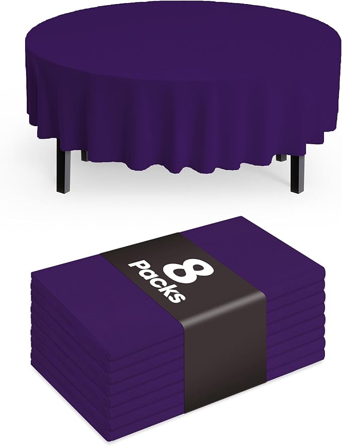 Pureegg Plastic Table Cloth Disposable 8 Pack, 84'' Round Table Cloths, Graduation Decorations Class of 2026, Graduation Party Tablecloths, Round, Plastic Cover, Leakproof & Sturdy, Purple