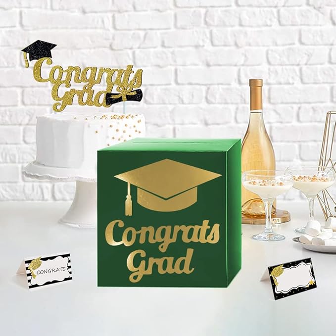 Graduation Card Box Holder, Congrats Grad Foldable Cardboard Decorations Box for Graduation Party Decoration and Grad Parties (Green)