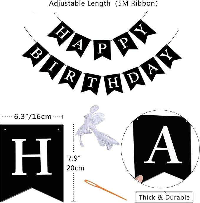 Happy Birthday Banner, Black Happy Birthday Decorations Birthday Sign for Birthday Party Backdrop Decor, Black Happy Birthday Sign Party Hanging Supplies for Girls Boys and Women