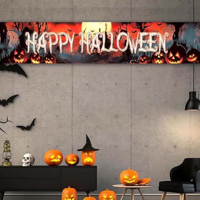 Happy Halloween Banner Large 120 x20 Inch Yard Sign Banner Flag Scary Halloween Party Hanging Decorations for Outdoor Fence Garage Garden Porch Holiday Backdrop Decor