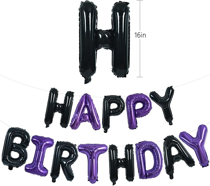 TONIFUL Happy Birthday Balloons Banner 16 Inch Mylar Foil Letters Birthday Sign Banner Bunting Reusable for Girls Boys Kids & Adults Birthday Decorations and Halloween Party Supplies（Black Purple）