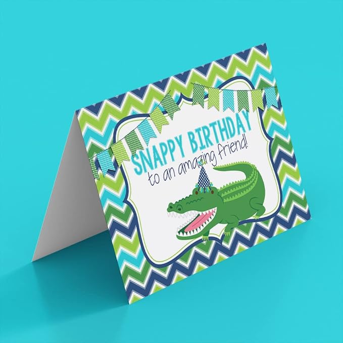 Snappy Birthday Alligator Themed Birthday Pun Themed Single (1) All Occasion Blank Birthday Card To Send To Friends & Family, 4"x 6" (when folded) Fill In Greeting Note Card by AmandaCreation