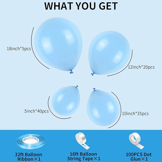 Light Blue Balloons Latex Balloon 5 10 12 18inch Different Sizes 103pcs Matte Baby Blue Sky Blue Balloons Kit for Kids Birthday Party Decoration Balloon Garland Baby Shower Wedding Holiday