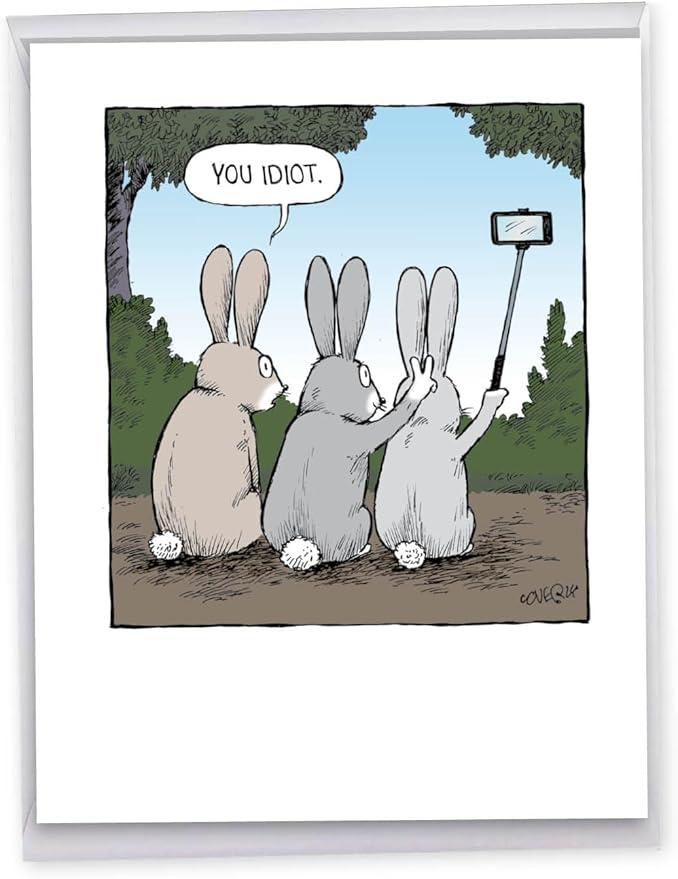 NobleWorks - 1 Big Funny Birthday Card Cartoon (8.5 x 11 Inch) - Jumbo Comic Humor, Group Greeting Card with Envelope - Bunny Selfies J2750BDG