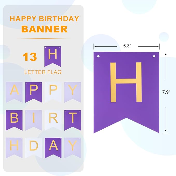 Purple Happy birthday banner - Hanging Backdrop Sign with Gold Letters, Happy Birthday Sign Bunting Decorations for Women men Kids Baby Shower Party Supplies (13pcs)