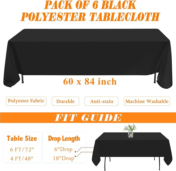WIGENIUS 6 Pack Black Table Cloth Rectangle Tablecloths 60X84 Inch,Polyester Table Cloth for 4 Foot Rectangle Tables,Wrinkle Resistant Washable Fabric Table Covers for Party,Wedding Banquet