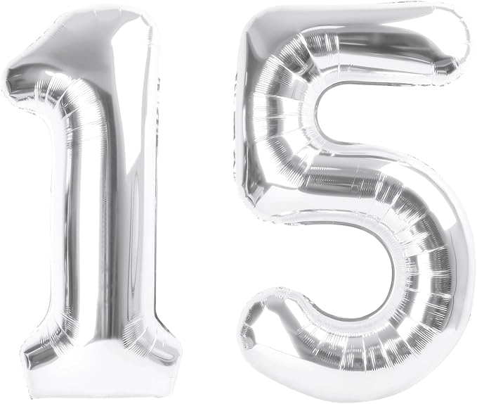 15 Number Balloons, Silver Balloons for Woman Man 15th Birthday Party Decoration, 40 Inch Foil Number 15 Ballon for 15, 51 Anniversary, Bridal Shower, Graduation, Wedding, New Year, Valentine's Day