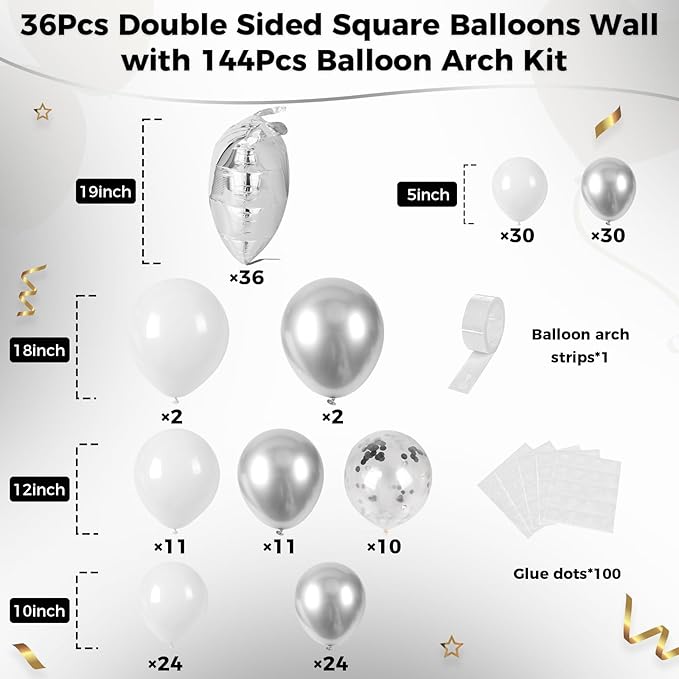 36pcs Silver Square Foil Balloons Wall Backdrop with 144pcs Balloon Garland Arch Kit, Double Sided Balloons for Bachelorette Baby Shower Birthday Anniversary Graduation Prom Party Decorations