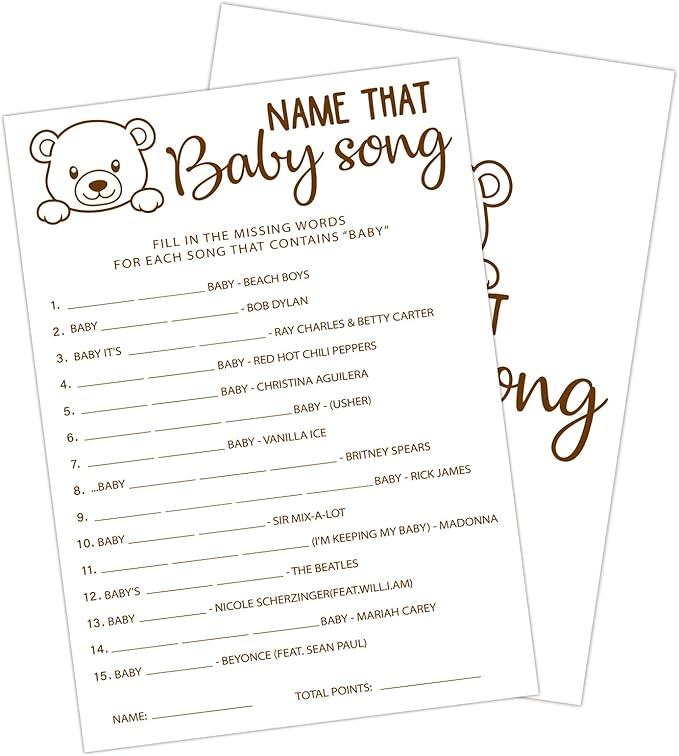 30 PCS Cute Bear Name That Baby Song Baby Shower Games with 1 Answer Card for Boy Girl, Gender Neutral Shower Party Supplies & Decor-C01