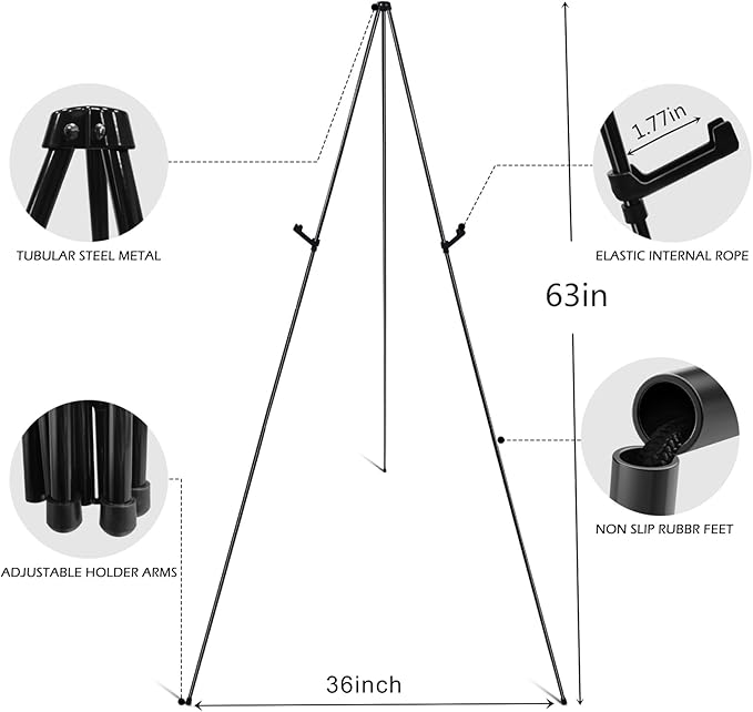 RRFTOK Easel Stand for Sign,63'' Instant Lightweight Portable Ground Easel for Wedding Sign and Poster Display Stand, Metal Tripod with Portable Bag,1-Pack.