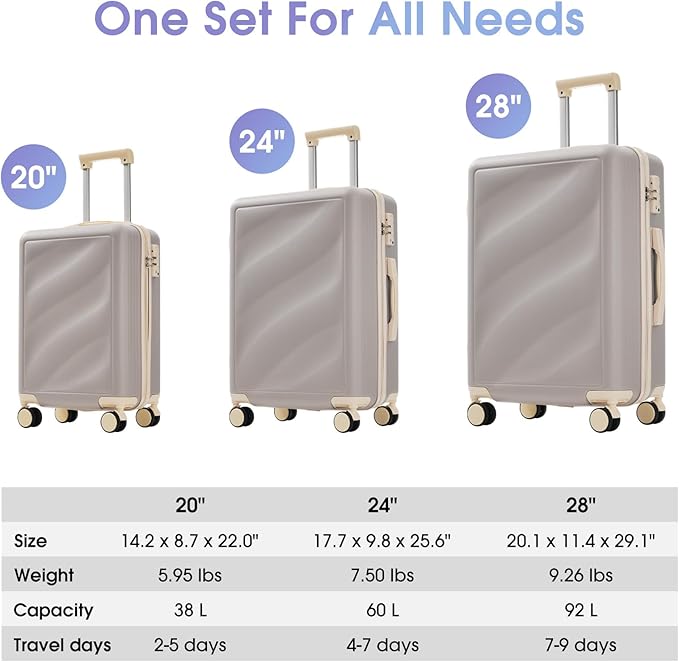 Hardside Luggage Sets, Lightweight Wave Suitcase with Spinner Wheels, Purple Wavy Lines