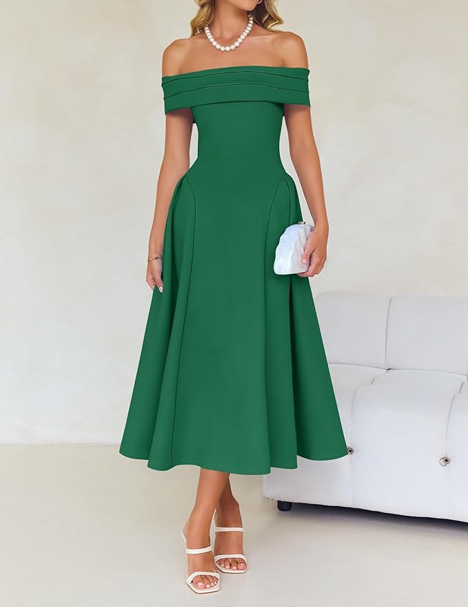 ZESICA Summer 2026 Cocktail Dresses for Women's Off Shoulder Short Sleeve Swing A Line Wedding Evening Party Midi Dress