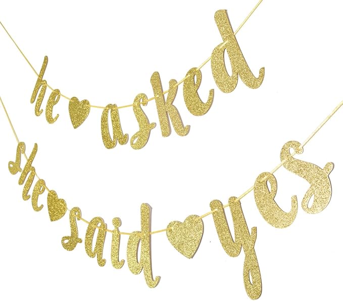 He Asked She Said Yes Gold Glitter Banner - Wedding, Engagement, Bridal Shower Party Decorations