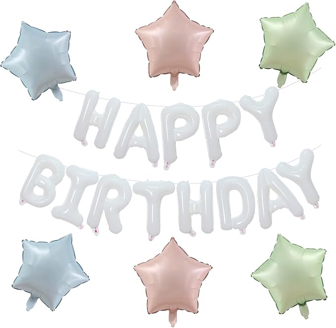 KALOR White Happy Birthday Balloons Kit with 16 Inch Mylar Foil Letters Balloon and Star Balloons for Birthday Party Decorations Photo Booth Backdrop