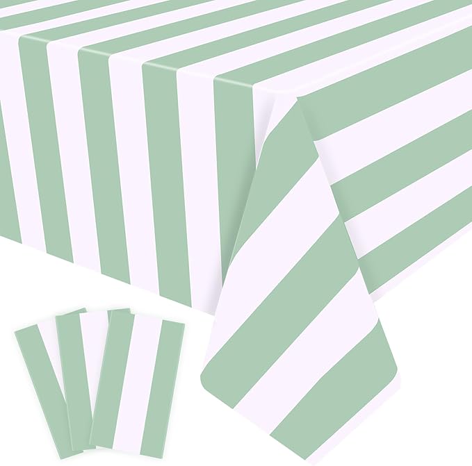 Kesfey 3 Packs Sage Green and White Horizontal Striped Table Cloth 54 x 108 Inches Sage Green Stripe Tablecloths Disposable Plastic Stripe Table Covers Waterproof Picnic Tablecover for Birthday Party