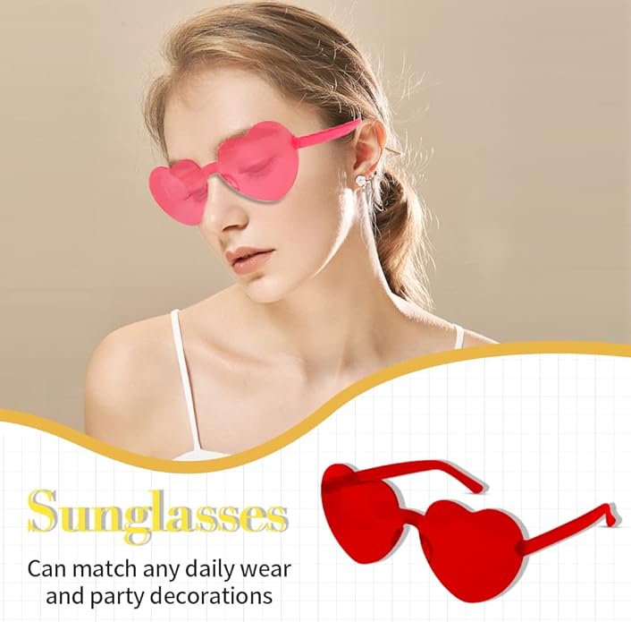 Valentines Day Heart Sunglasses, Heart Shaped Sunglasses, Rimless Sun-glasses, Red Pink Colored Glasses, Heart Glasses, Heart Sunglasses for Women, Party Glasses, Valentines Day Decorations