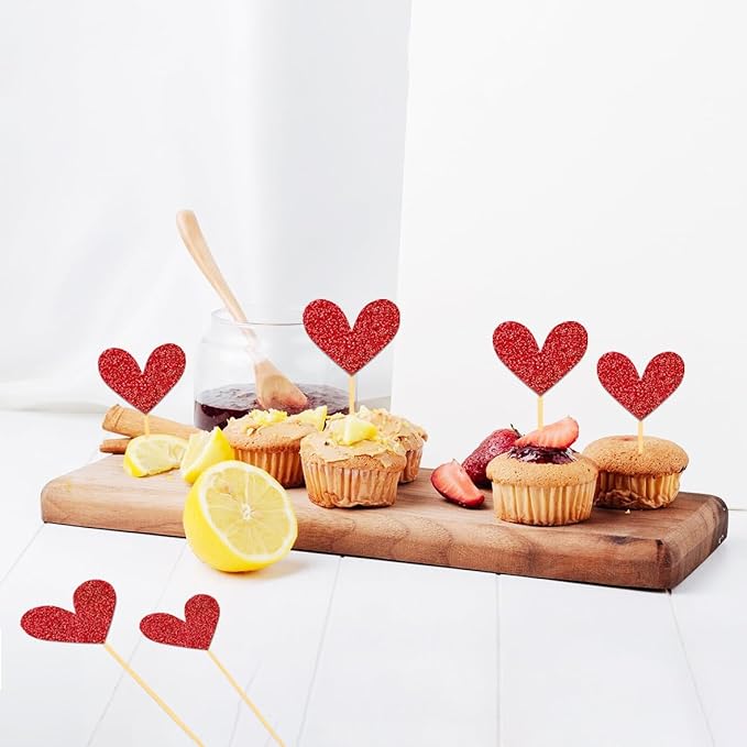 24Pcs Glitter Red Heart Cupcake Toppers for Valentine's Day Decorations, Mixed Size Double-Sided Heart Valentine's Day Cupcake Toppers for Wedding Bridal Shower Party Decorations (Red)