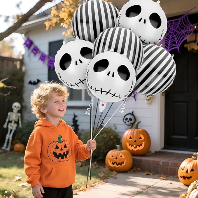 12 PCS Halloween Skull Foil Black and White Striped Balloons(18 Inch) Nightmare Honor Theme Birthday Party Decorations Spooky Ghost Skeleton Cat Baby Shower Day of The Dead Indoor Outdoor Decor