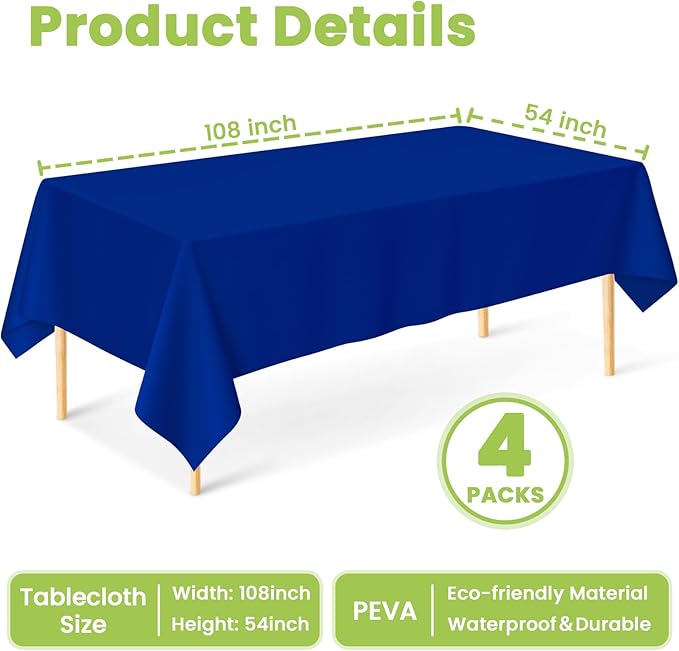 Mulbozy Navy Blue Plastic Table Cloth Disposable 4 Pack, 54 × 108 Inch Tablecloths Rectangle, Navy Plastic Table Cover for Party Decor