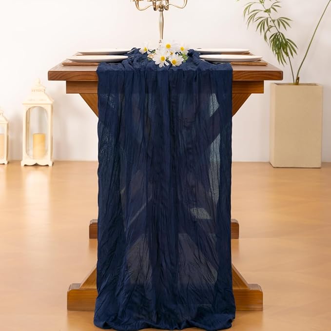 Socomi Navy Blue Easter Spring Cheesecloth Table Runner Boho Rustic Gauze 120 inch 10FT Cheese Cloth Runner for Wedding Party Baby Shower Birthday Home Decor Holiday Decorations