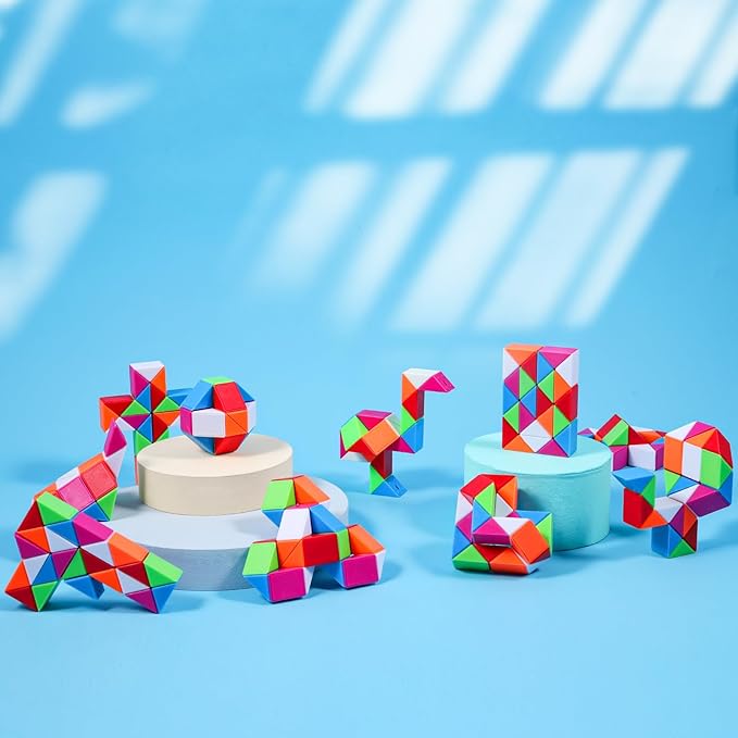 12 Pack Magic Snake Cube Fidget Toys for Kids - 24 Blocks Rainbow Twist Puzzle, Party Favors, Classroom Prizes, Birthday Goodie Bag Fillers, Stress Relief Sensory Toys