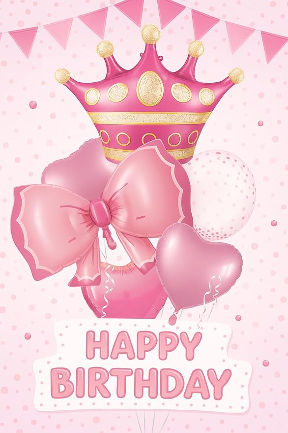 Princess Crown and Hearts Foil Balloon Bouquet, Pink, 5-Piece Party Decoration Set