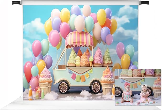 Kate 10x8ft Summer Ice Cream Car Backdrop for Photography Colorful Balloons Cake Smash Blue Sky Birthday Party Background for Kids Photo Props