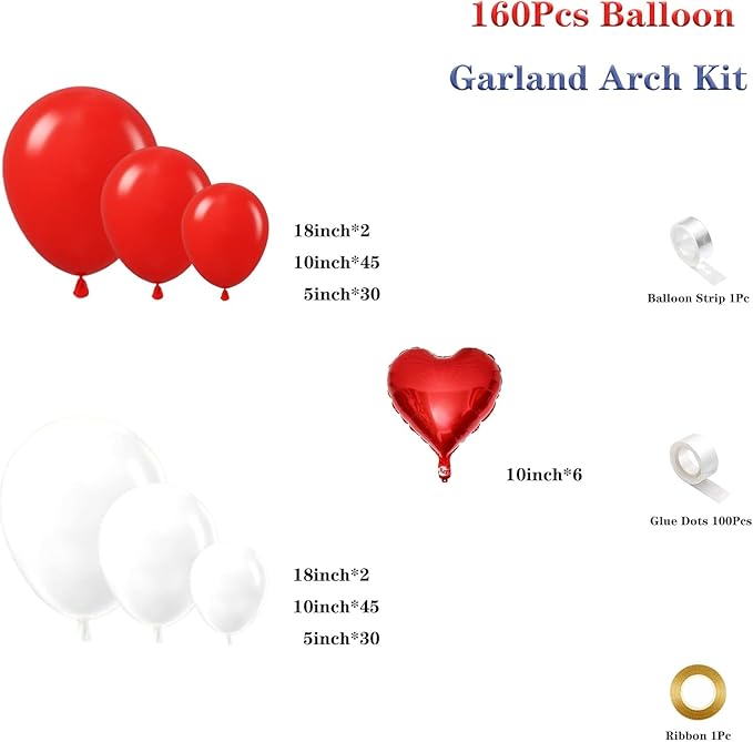 Red White Balloon Garland Arch Kit, 160Pcs Red and White Balloons with Heart Foil Balloons for Romantic Wedding Birthday Party Bridal Shower Valentines Day Decorations