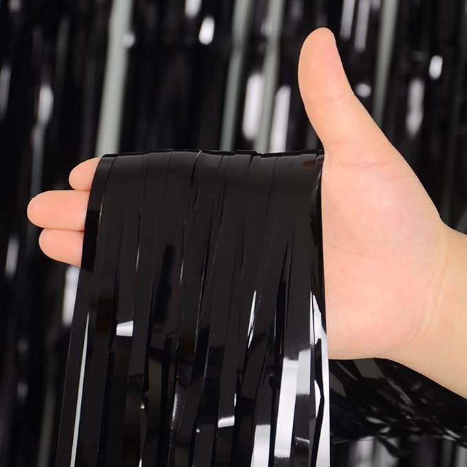 Black Tinsel Fringe Backdrop Curtains for Parties, Melsan 3.2 x 8 ft Black Streamer Photo Backdrop for Birthday, Graduations, New Year Eve Party Decor - Pack of 4