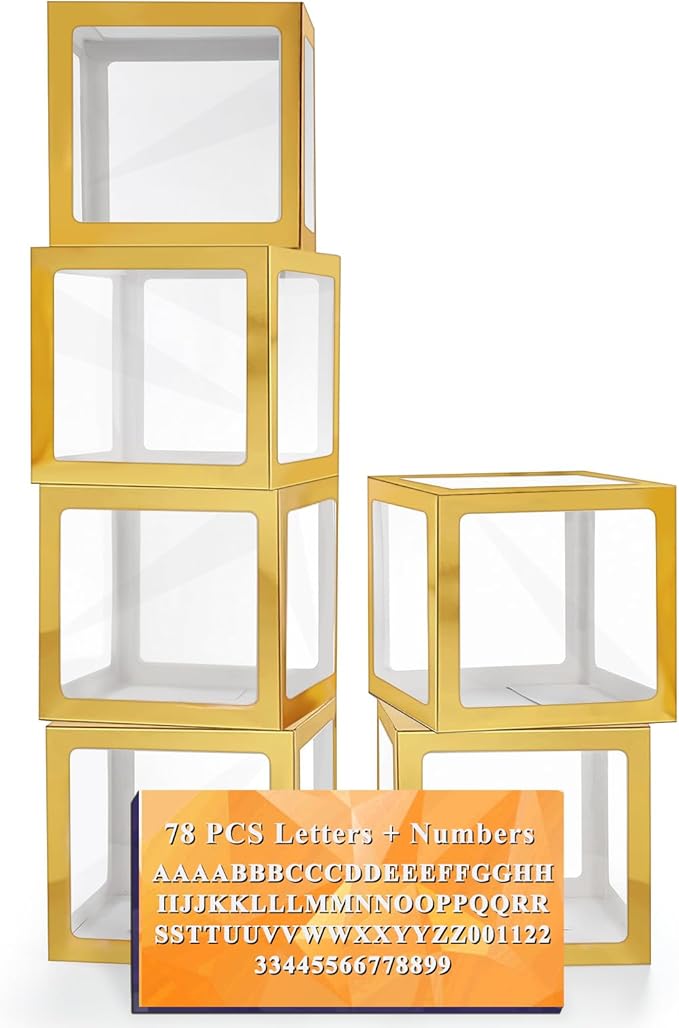 Ledido Gold Transparent Balloon Boxes With 78 Letters & Numbers, Baby Boxes with Letters for Baby Shower Clear Letter Boxes for Party Graduation Wedding Birthday Baby Shower Decorations 6 PCS