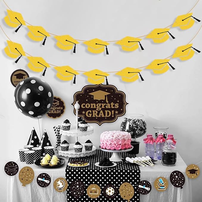 2026 Graduation Hat Banners Garlands Gold Glitter Graduation Party Decoration Banners Graduation Cap Banners Garlands Class of 2026 Graduation Party Banners for College High School