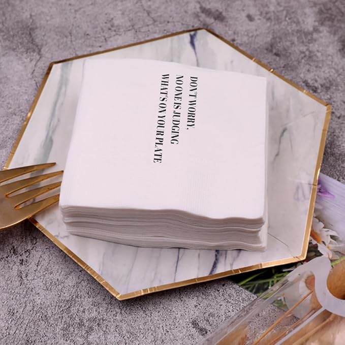 Funny Cocktail Napkins 100Pcs Funny Quotes Saying Disposable Paper Party Napkins 4.5 x 4.5 Two-ply (Don't worry, No one is Judging What's On Your Plate Napkins)