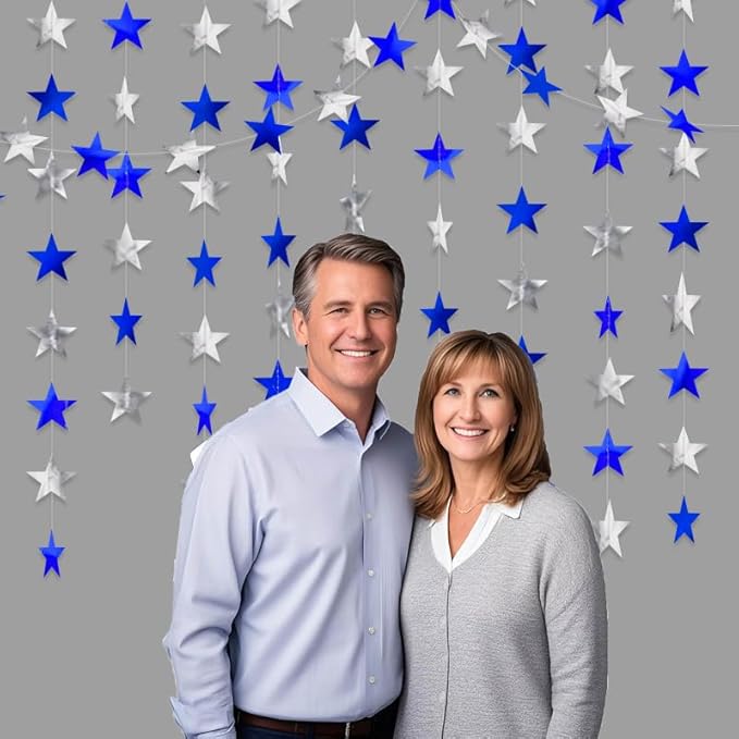 Blue Silver Shining Star Hanging Garland Blue Silver Hanging Sparkling Star Streamer Bunting Banner Twinkle Backdrop for Wedding Baby Shower Birthday Christmas Decorations 40 Feet