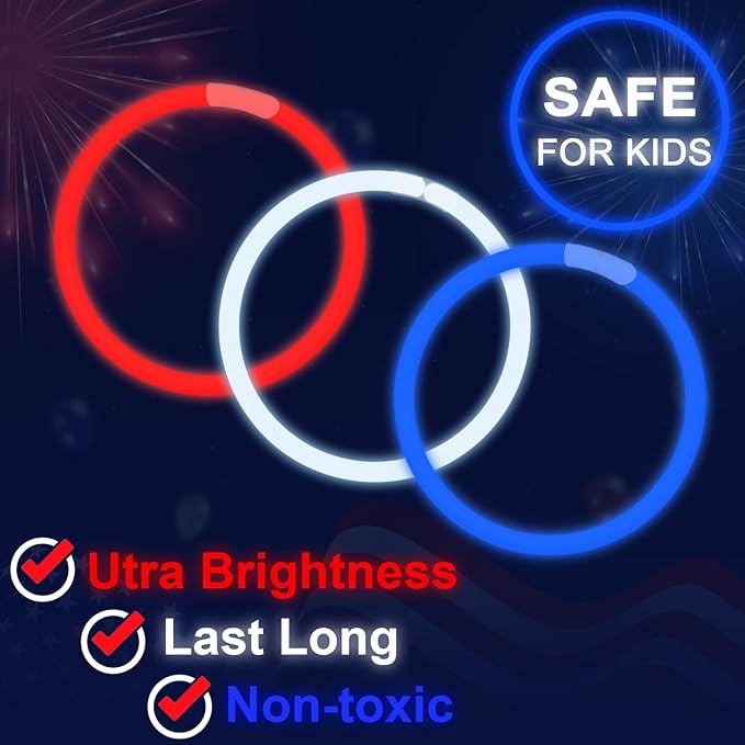 Bulk Fourth of July Red White Blue Glow Sticks 500 PCS, Patriotic Light Up Bracelets Necklaces Accessories for Kids, Glow Party Favors Supplies Decorations for 4 of July Parade, Birthday, Pool