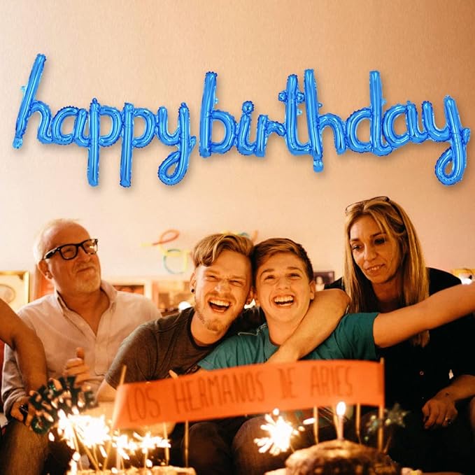 TONIFUL Blue Happy Birthday Balloons Banner, 16 Inch Mylar Foil Script/Cursive Letters Birthday Sign Banner Balloon Reusable Material for Girls Boys Kids & Adults Birthday Decorations