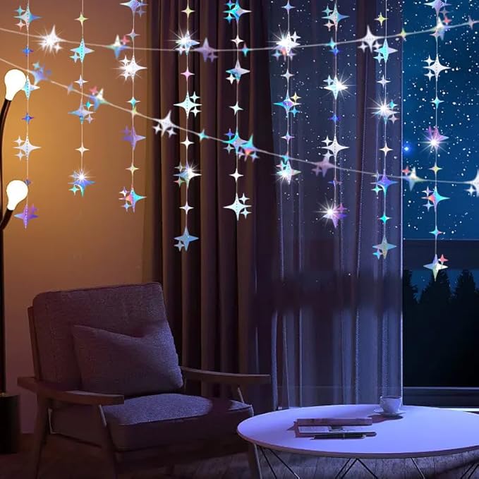 Glitter Iridescent Four-Angle Star Paper Garland Banner Décor 40 Feet Iridescent Twinkle Star Hanging Bunting Banner Backdrop for Wedding Baby Shower Birthday Graduation Disco Party Decorations