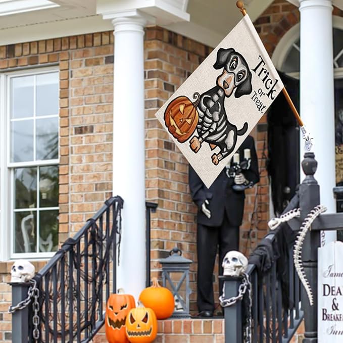 Halloween Trick or Treat House Flag Ghost Dog 28x40 Inch Large Double Sided Burlap Welcome Yard Dachshund Skeleton Outside Decorations DF342-28