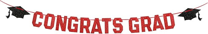 Gexolenu Red Class of 2025 Graduation Theme Party Decoration Banner, Congrats Grad Banner, Black Glitter Graduation Banner, 2026 Black Congratulations Grad Party Decorations